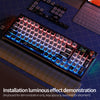 A close-up view of a backlit mechanical keyboard demonstrating luminous effects and keycaps.