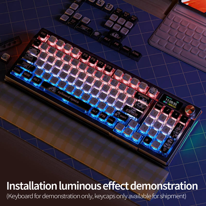 A close-up view of a backlit mechanical keyboard demonstrating luminous effects and keycaps.