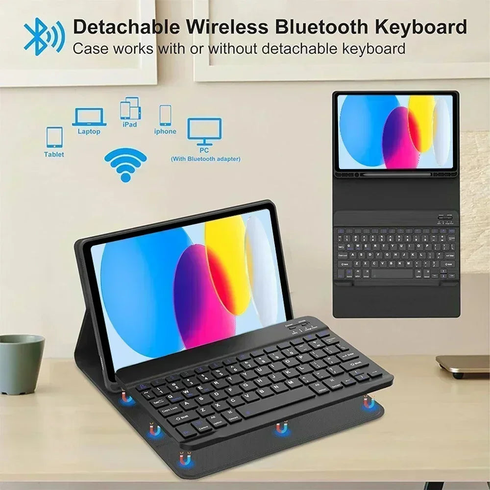 A black detachable wireless Bluetooth keyboard case shown next to a laptop and various electronic devices.