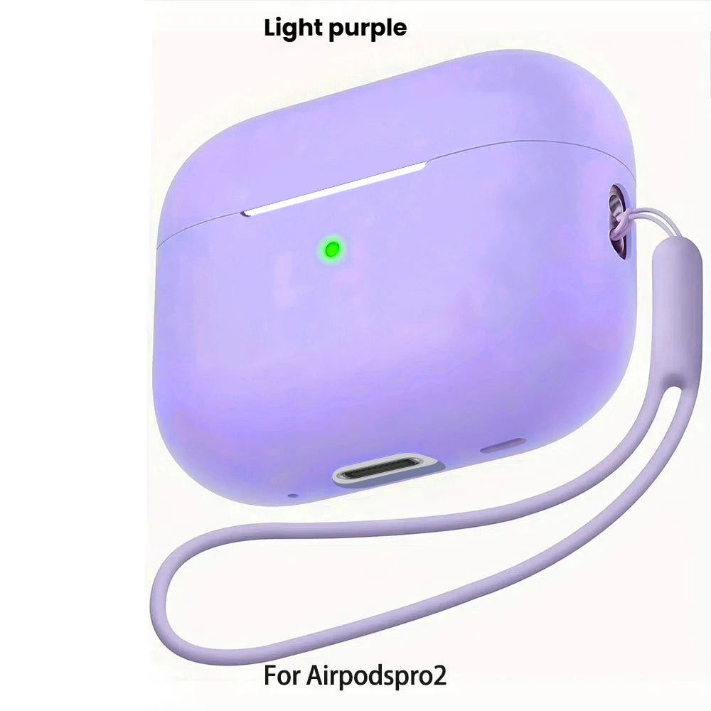 A purple liquid silicone case for AirPods Pro 2 with a light purple body and a flexible lanyard.