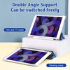 A clear case for an iPad showing a purple and blue swirling design, demonstrating a switchable double angle support feature.