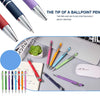 A collection of various colored ballpoint pens and a metal stylus pen are displayed on a desk surface.