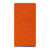 An orange silicone device stand with a metallic silver base.