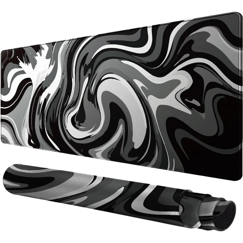 A black gaming mouse pad featuring a swirling gray and white liquid wave pattern.