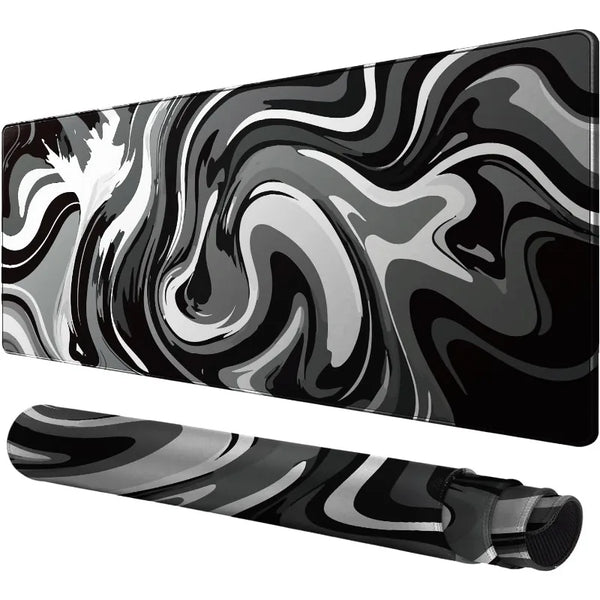 A black gaming mouse pad featuring a swirling gray and white liquid wave pattern.