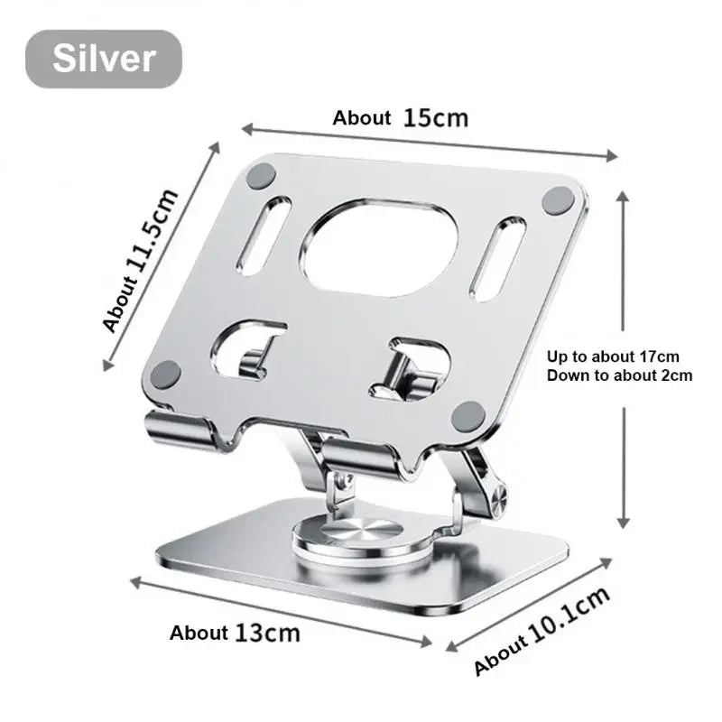 Silver 360° rotating tablet stand with adjustable angle and support for a tablet device.