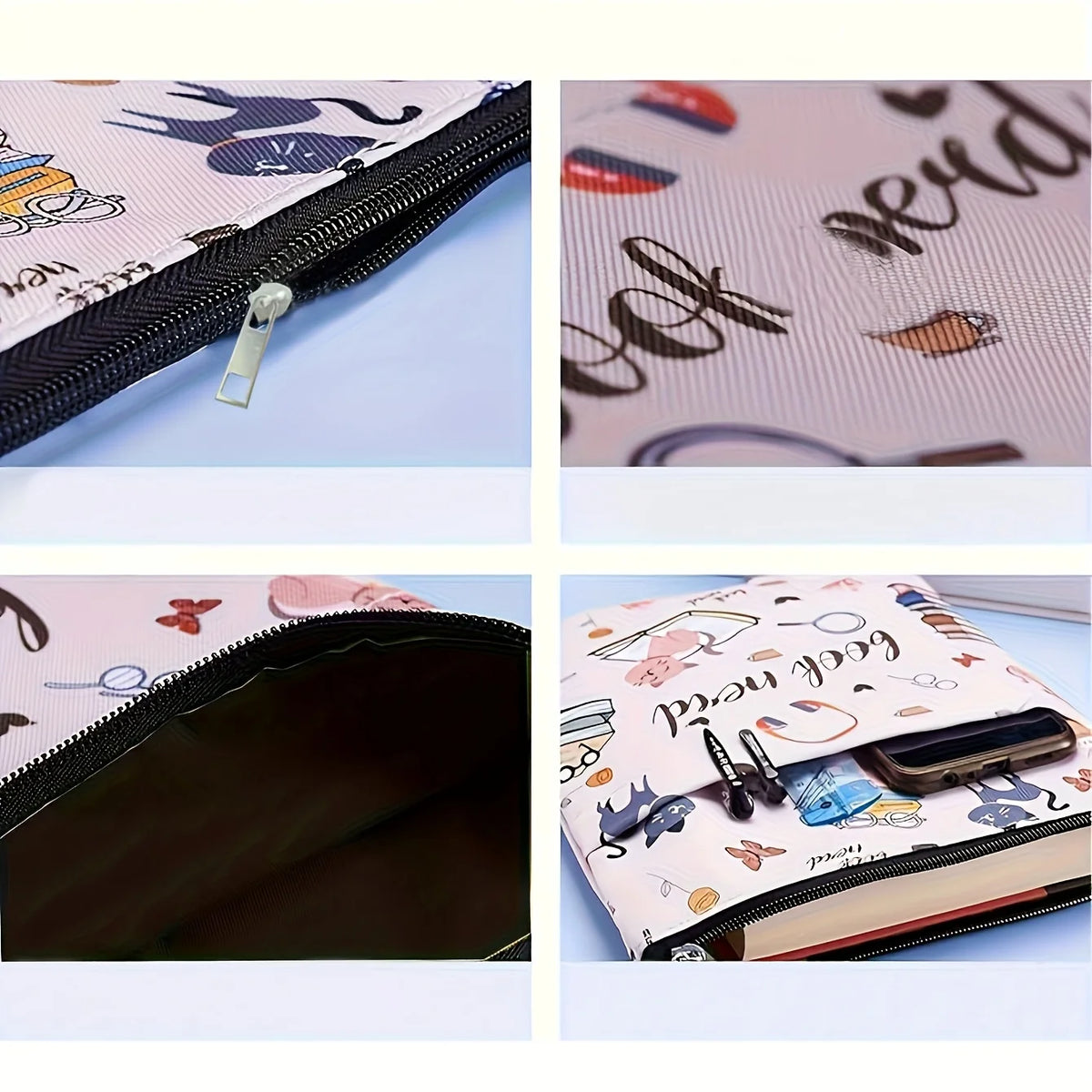 A fabric book sleeve for a book lover featuring a zipper closure and decorative print.
