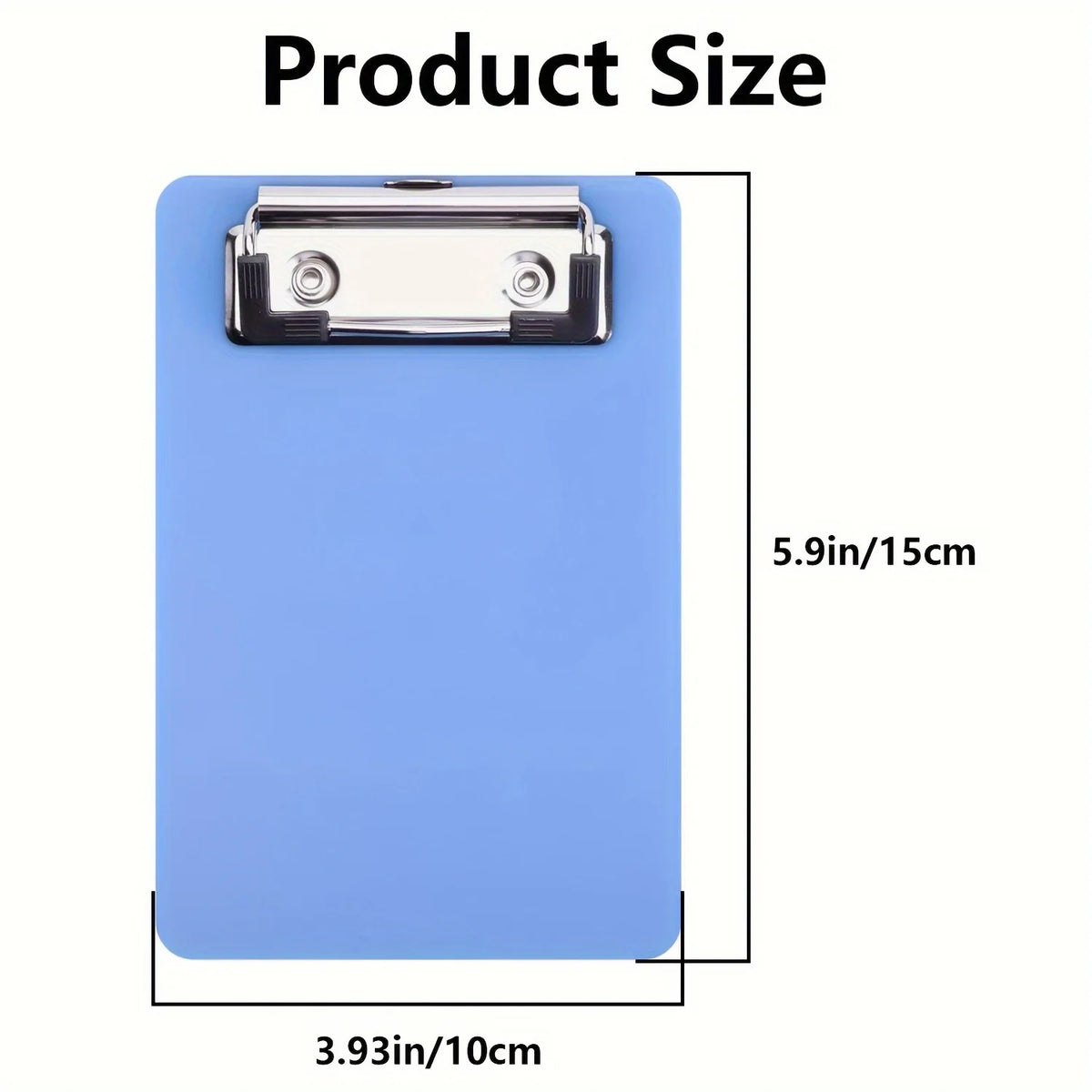 A light blue pocket-sized clipboard with a silver clip, showing its dimensions.