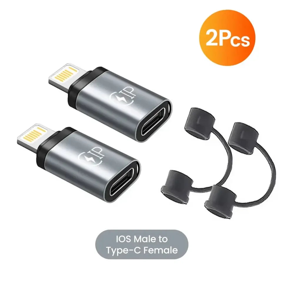 Zwei Silikondüsen-Adapter zur Umwandlung von iOS-Männlich auf Type-C-Weiblich-Kabel.