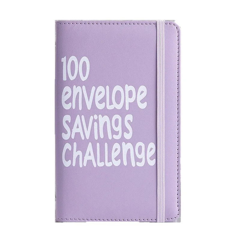 Lila A6 Umschlag-Challenge-Ordner mit weißer Schrift: 100 Briefumschlag-Spar-Challenge