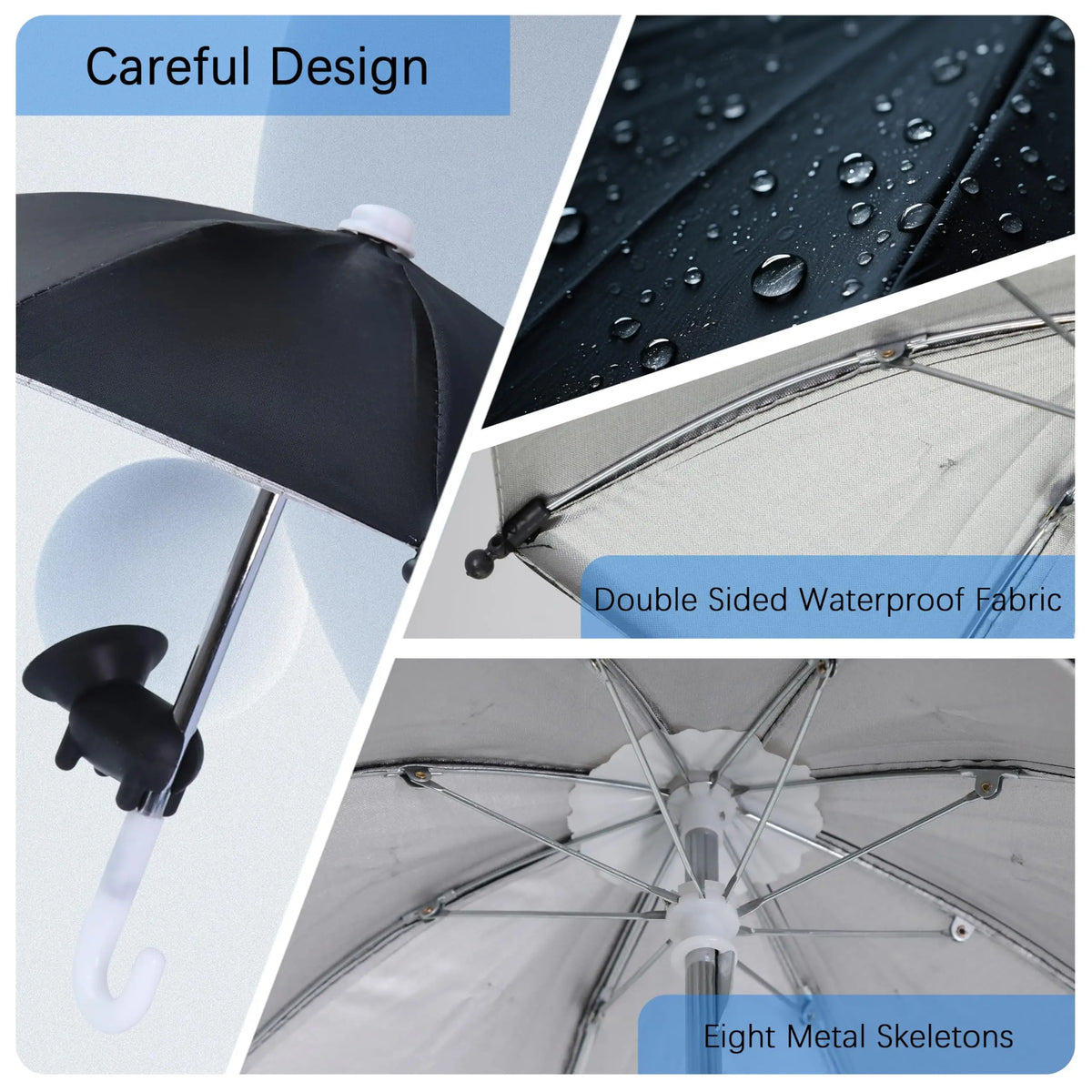 Close-up view of a black umbrella with a suction cup stand, showing double-sided waterproof fabric and eight metal skeletons.