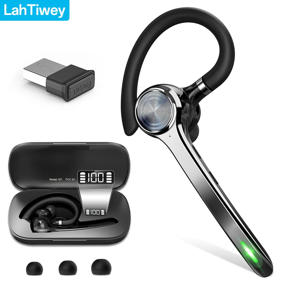 A set of black Bluetooth 5.3 wireless earbuds with a charging case and a USB-C cable.