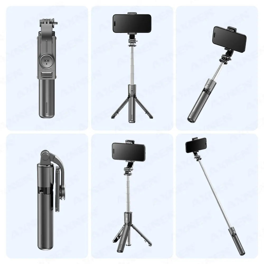 A set of versatile selfie sticks and tripods for taking photos and videos.