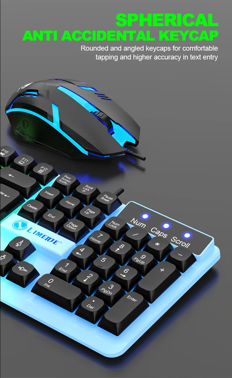 A black mechanical keyboard and mouse combo featuring spherical anti accidental keycaps and blue LED lighting.