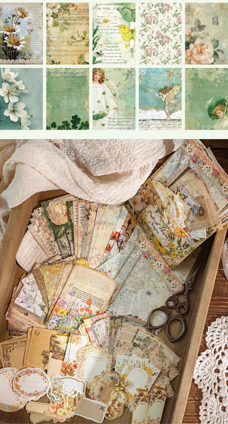 A collection of vintage and floral paper, including aged pages, dried flowers, and decorative elements for crafting.