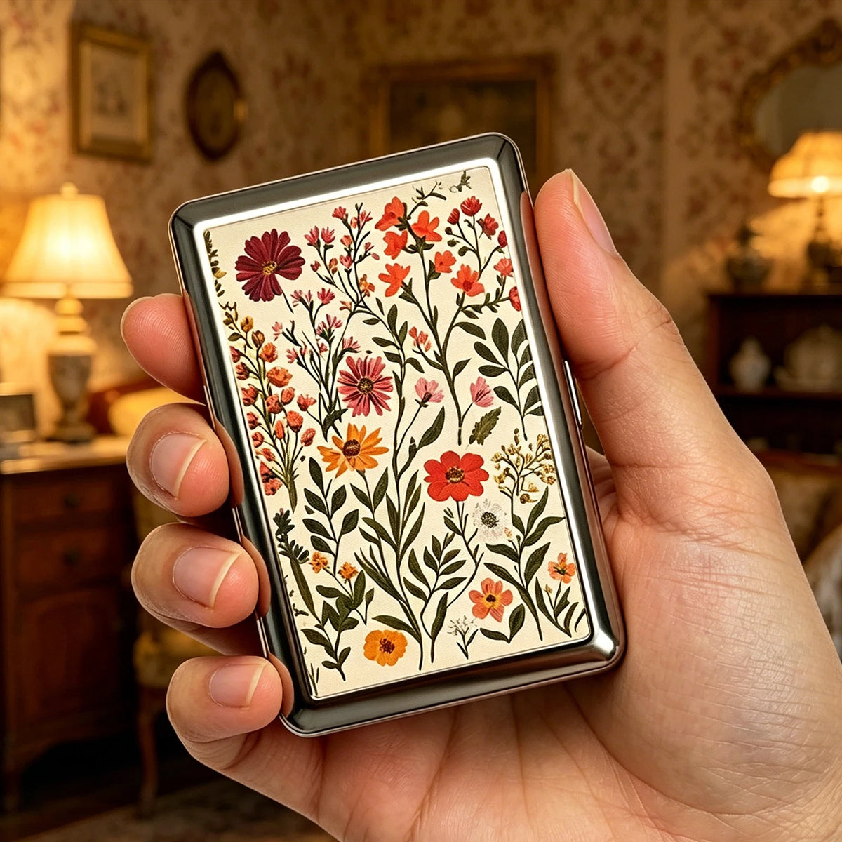 A hand holds a vintage stainless steel card and cash case featuring floral patterns.