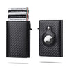 A black slim leather wallet with a textured finish and an Apple logo embossed on the front.