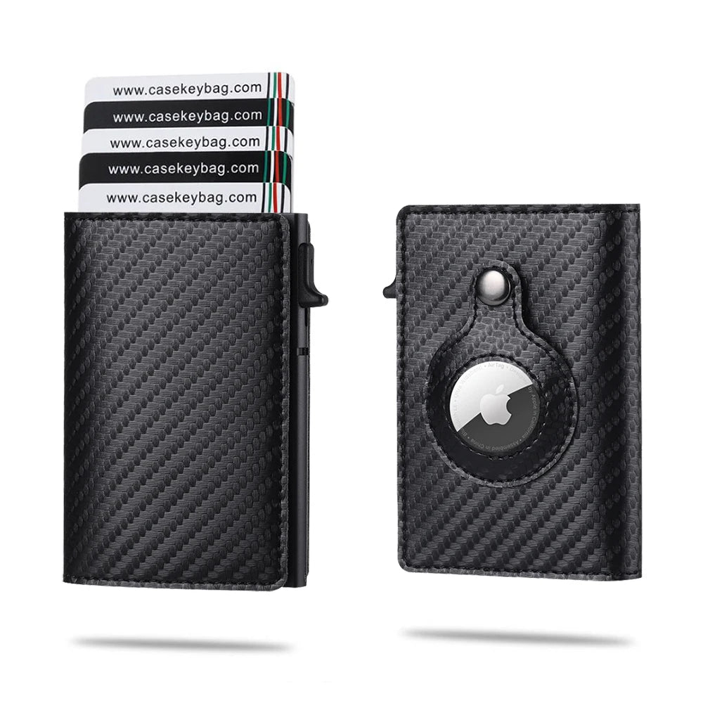 A black slim leather wallet with a textured finish and an Apple logo embossed on the front.