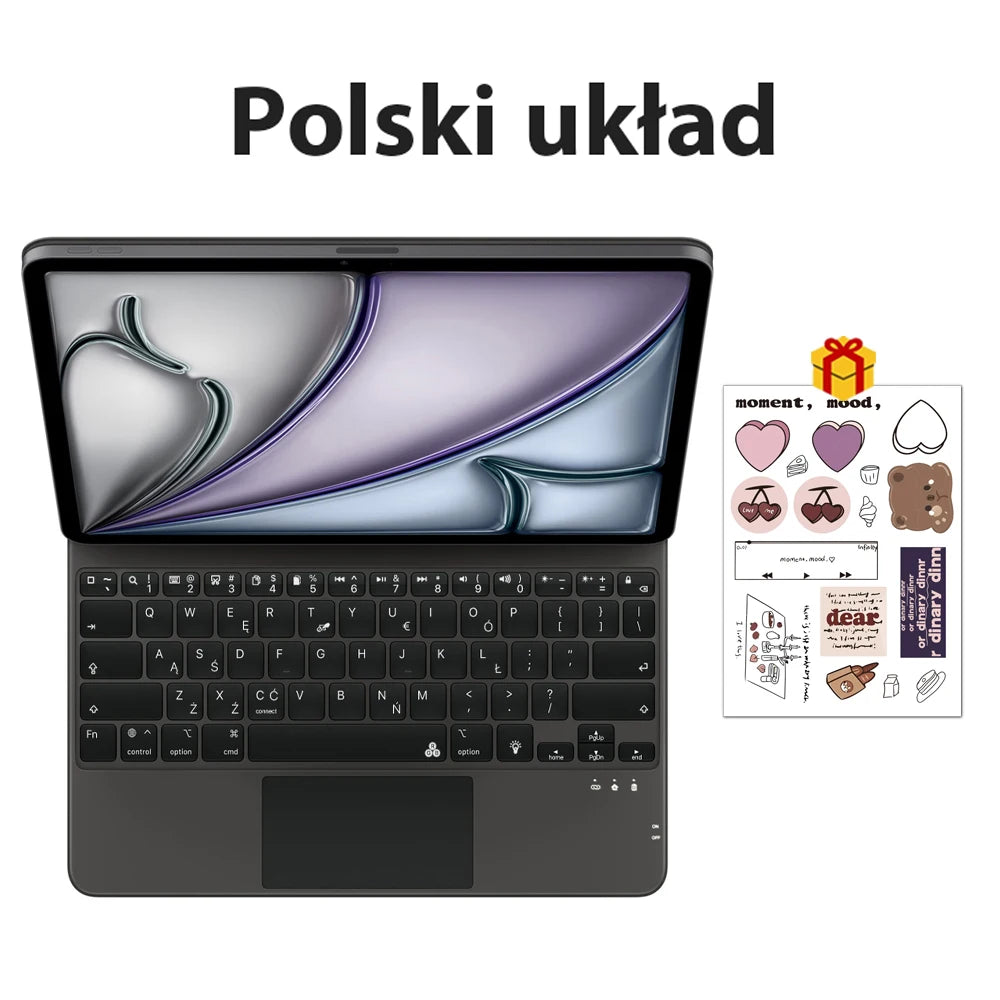 A dark gray magnetic wireless keyboard case with a backlit trackpad shown in a Polish layout.