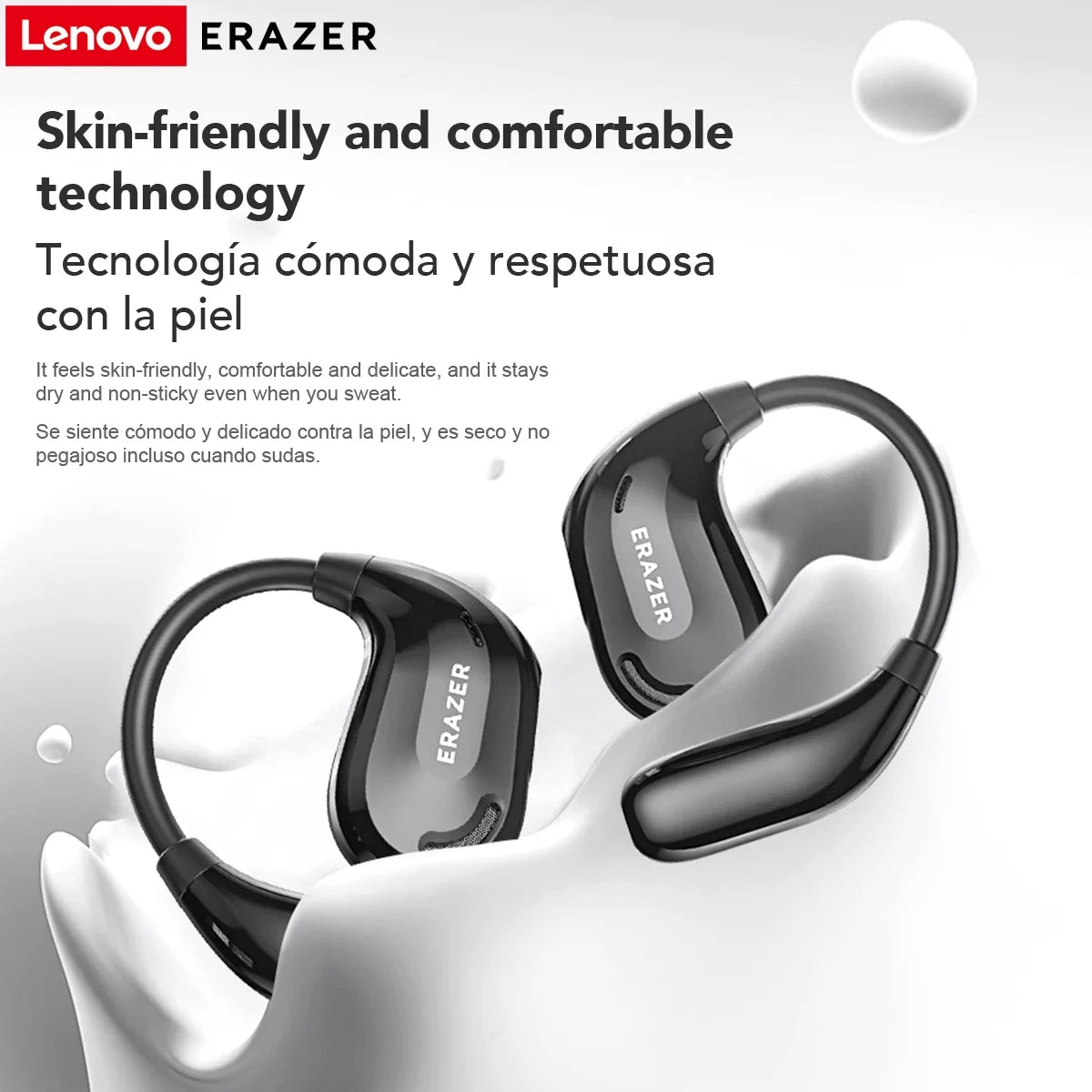 A pair of black Lenovo Erazer Bluetooth earphones resting on a white, soft surface.