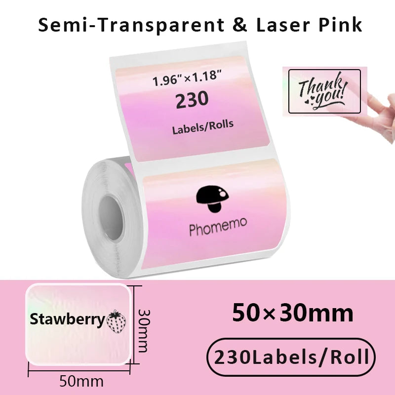Rollo de etiquetas de papel térmico autoadhesivas de color rosa láser semitransparente con un mensaje de agradecimiento