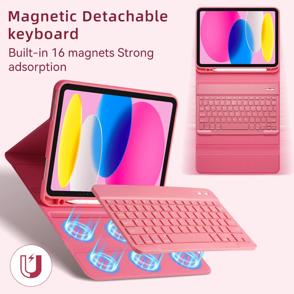 A pink magnetic detachable keyboard and protective case for a tablet, showing the keyboard being separated.