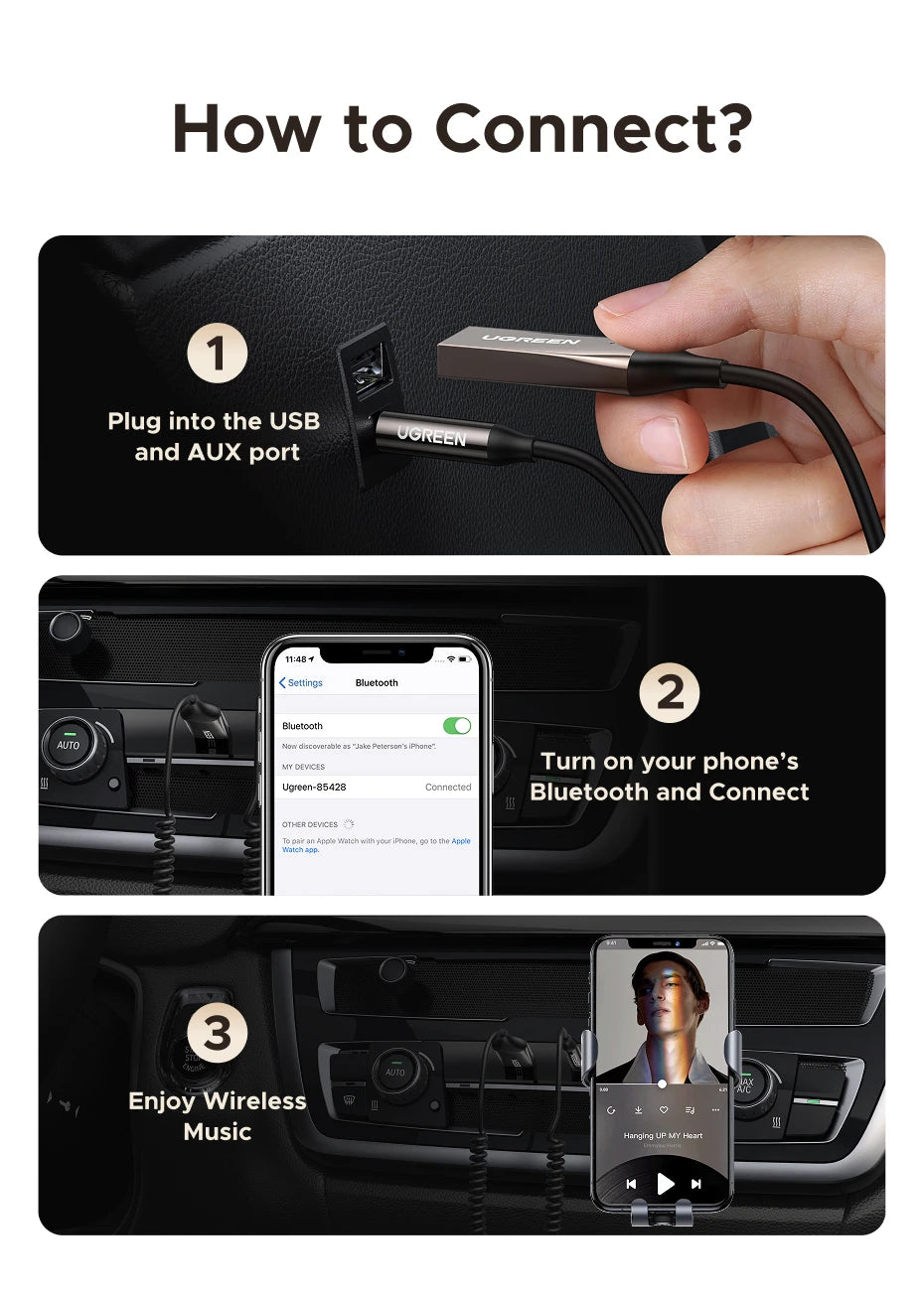 Instructions showing how to connect a portable Bluetooth car audio adapter using a USB and AUX port to a phone.