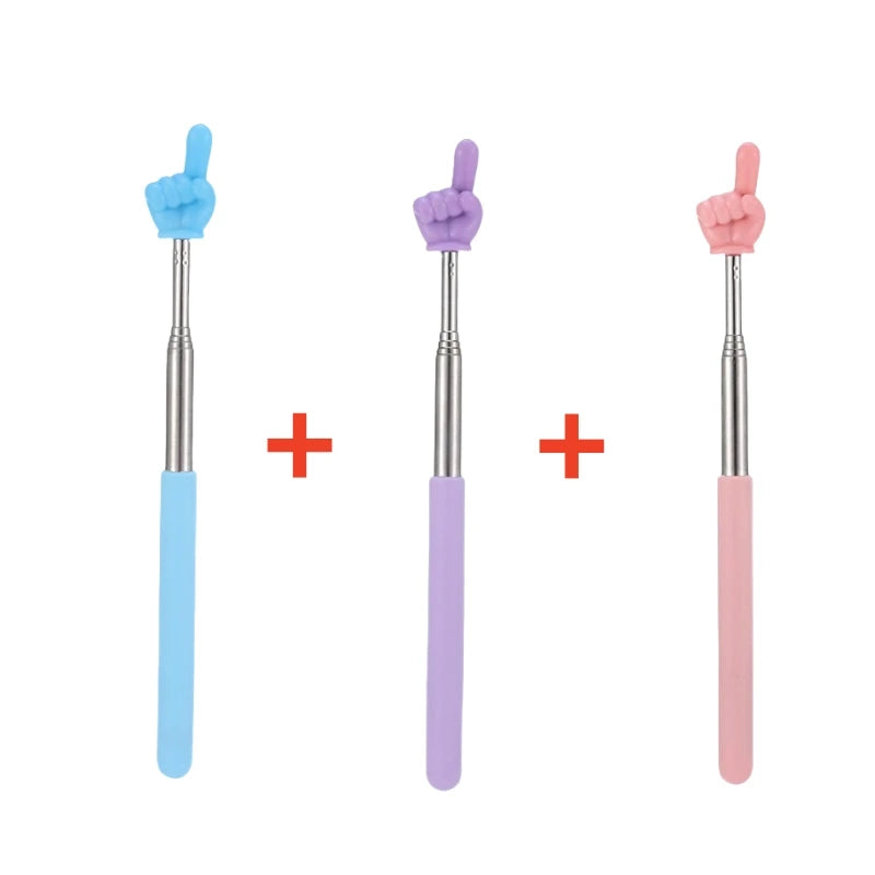 Three teaching pointers in blue, purple, and pink with silicone tips and stainless steel shafts.