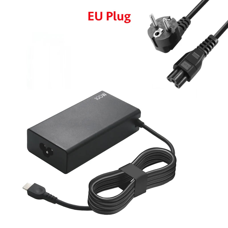 A black 100W USB-C PD laptop charger adapter with an EU plug and cable.