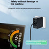 A black smart charging adapter is shown connected to a laptop, illustrating intelligent temperature control for safe power de