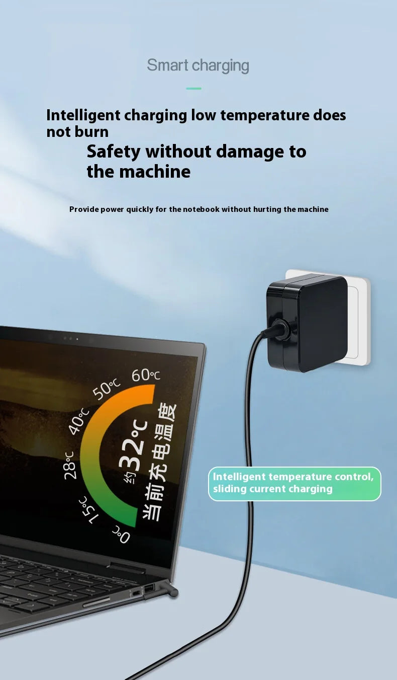A black smart charging adapter is shown connected to a laptop, illustrating intelligent temperature control for safe power de