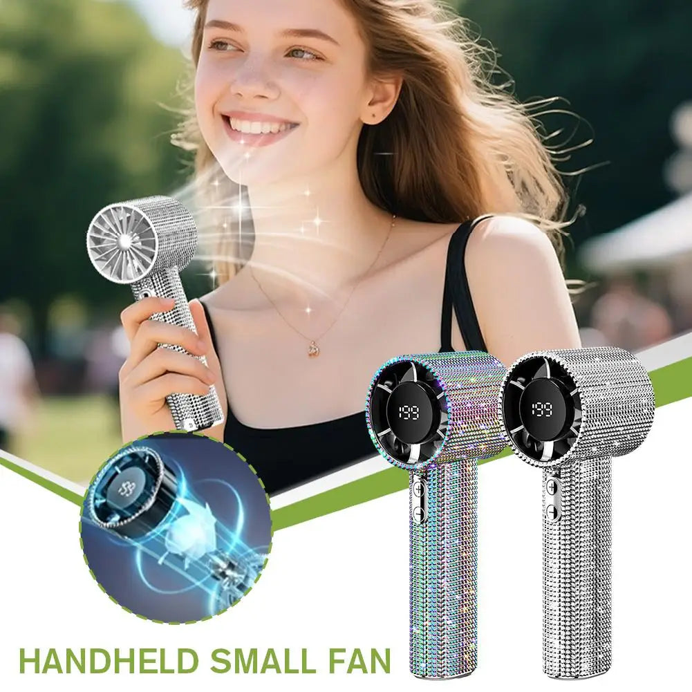 A young woman holds a handheld small fan with a glowing blue effect, showing various models of the portable cooling fan.