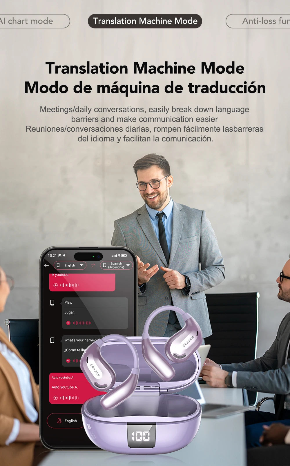 A man is using a purple Bluetooth translation device and earphones while looking at a smartphone.