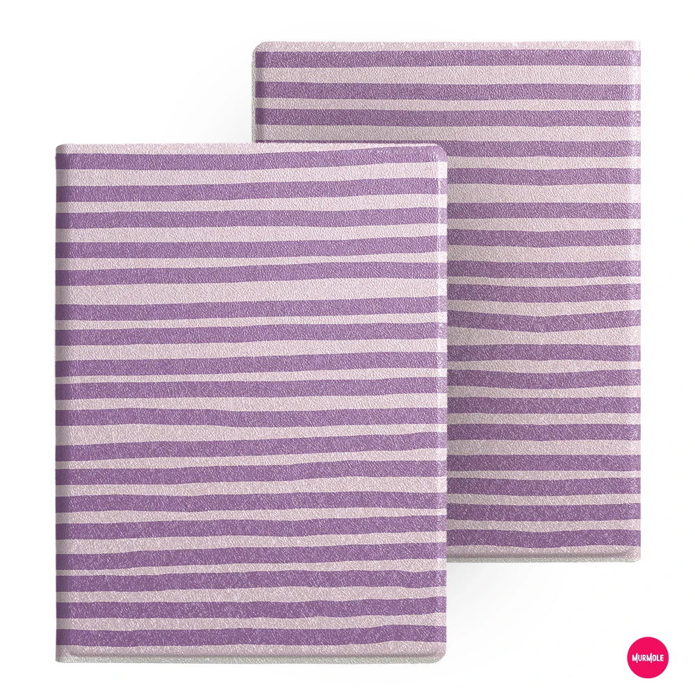 A purple and white striped magnetic folio cover for a Bigme B6 e-reader.