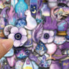 Close-up of purple magic witch stickers featuring various mystical elements and flowers.