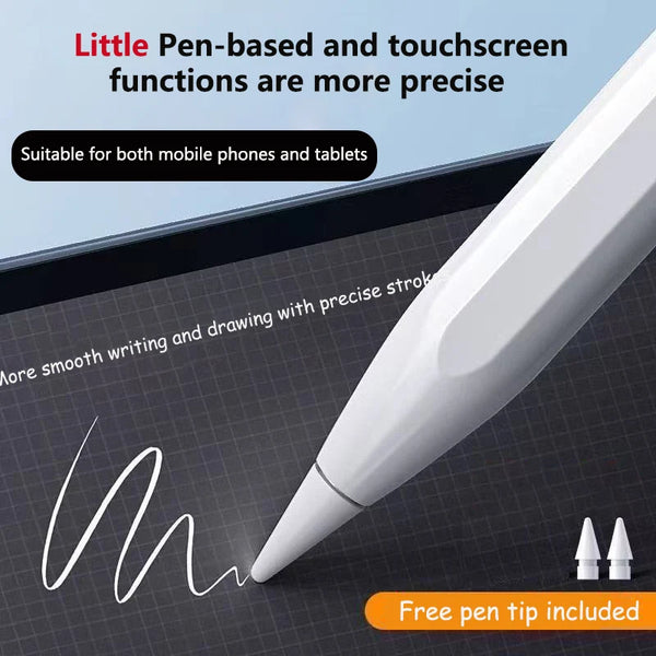 A white pen-based and touchscreen stylus is shown writing on a dark surface, suitable for mobile phones and tablets.