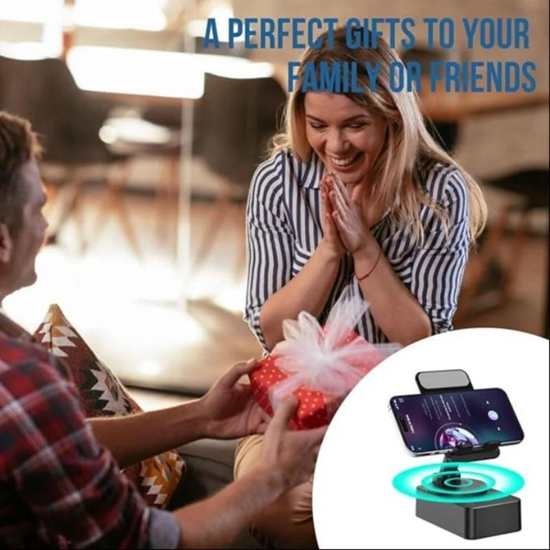 A wireless speaker with an adjustable phone stand and night light is shown being presented to a family or friends.