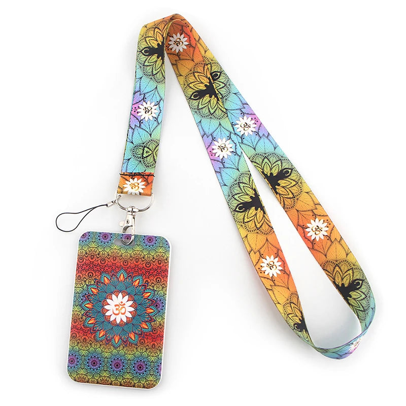 A colorful, patterned fabric lanyard with a decorative tag attached.