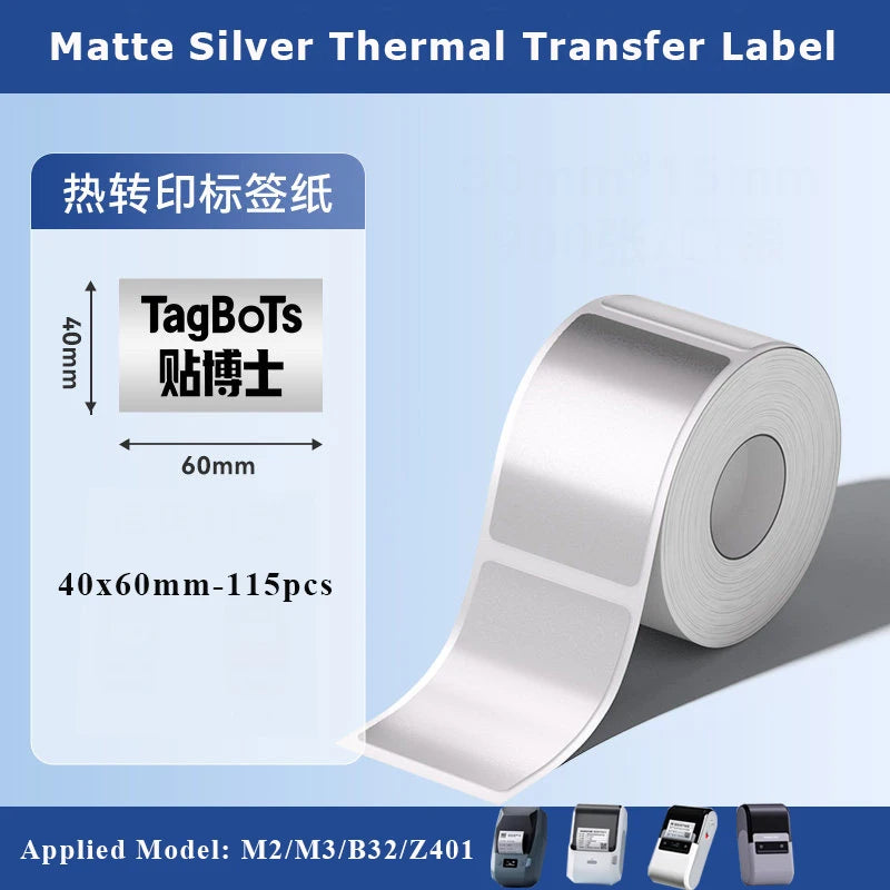 Roll of matte silver thermal transfer labels with TagBoTs for M2/M3/B32/Z401 models