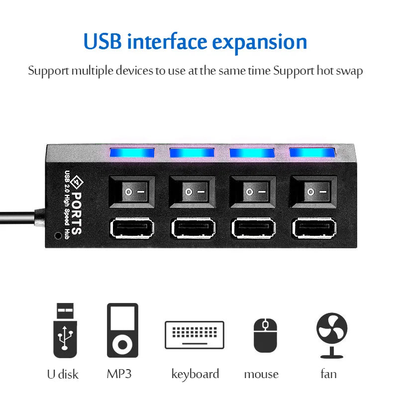 A black 7-port USB interface expansion board with individual power switches and LED indicators.