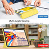 Yellow trifold smart cover for an iPad demonstrating multi-angle viewing and typing capabilities.