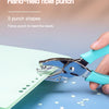 A hand holding a blue metal hole puncher tool next to a green paper, showing five different punch shapes.