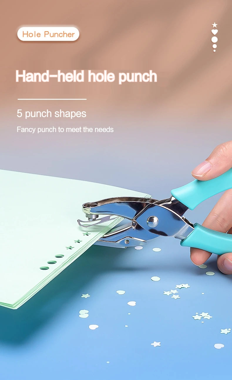 A hand holding a blue metal hole puncher tool next to a green paper, showing five different punch shapes.