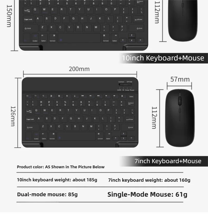 Schwarzes 10-Zoll-Tastatur- und Maus-Set mit 150mm Tastatur und 112mm Maus.