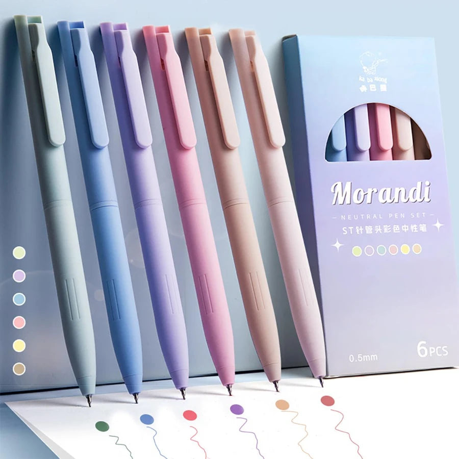 A set of six pastel colored Morandi neutral pen pens displayed in their packaging box.
