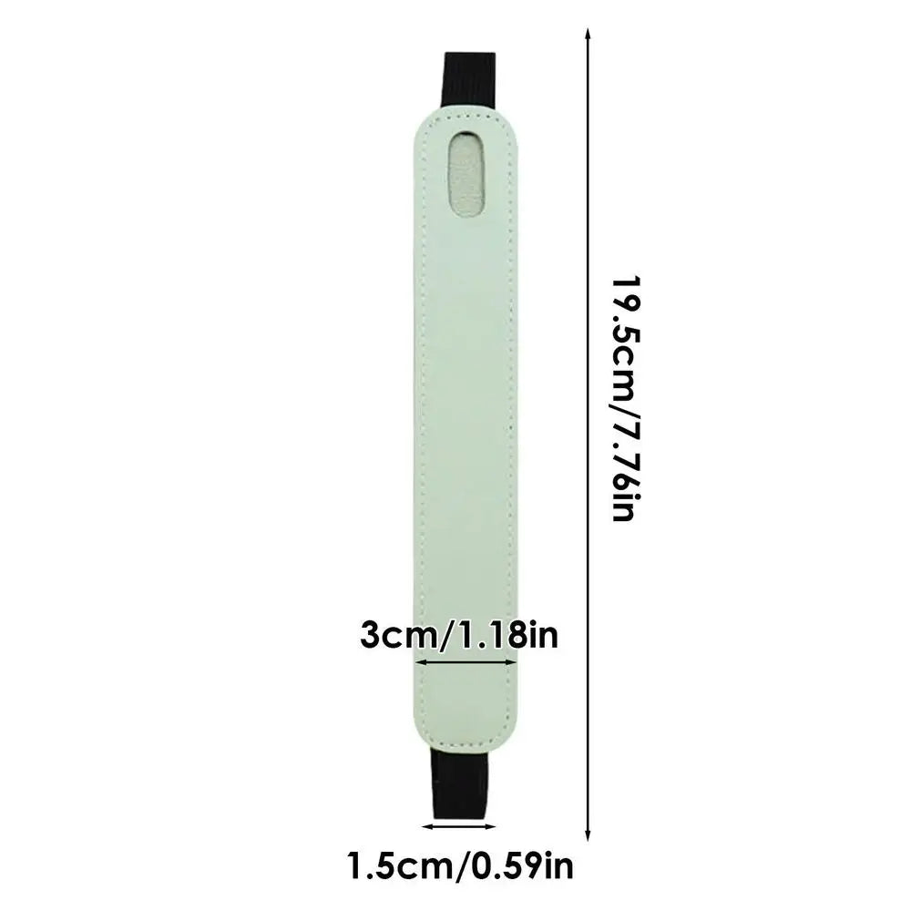 A vertical view of a light green leather protective case for a tablet stylus pen.