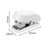A white compact mini stapler kit with staples shown from the side and top view.