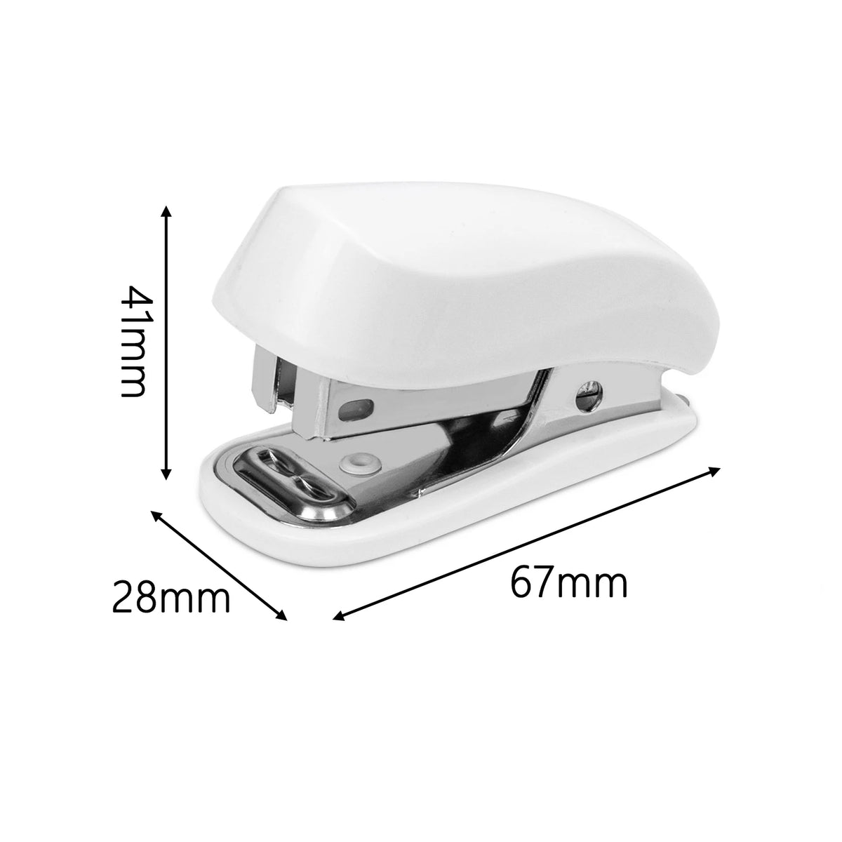 A white compact mini stapler kit with staples shown from the side and top view.