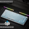 White mechanical keyboard featuring side engraving and ice blue light with a cyan switch.