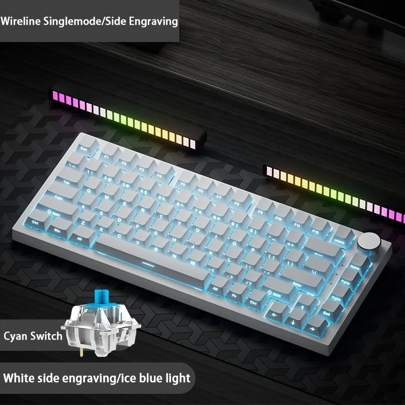White mechanical keyboard featuring side engraving and ice blue light with a cyan switch.